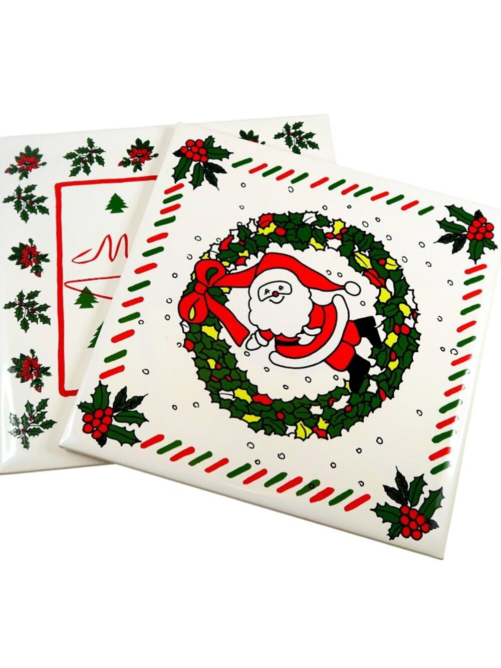 Christmas Holiday 6x6" Tile Coaster Set of 2 Vintage 1980s Santa Poinsettias